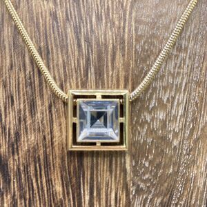 Avon Signed Gold Tone Snake Chain & Square Clear Stone Pendant Necklace 18” Long